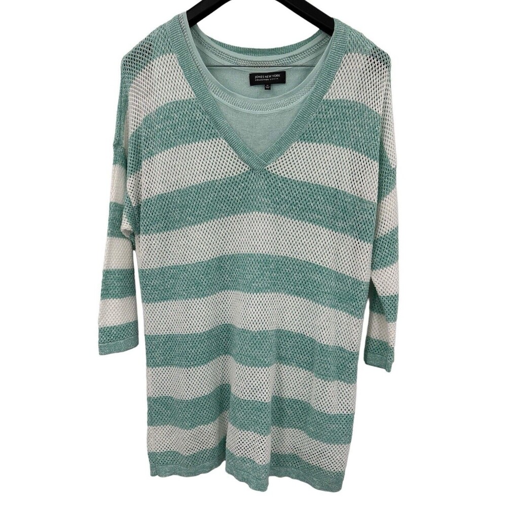 Jones New York Tunic Sweater 1X Linen Cotton Sea Foam Green Stripe W/ Tank